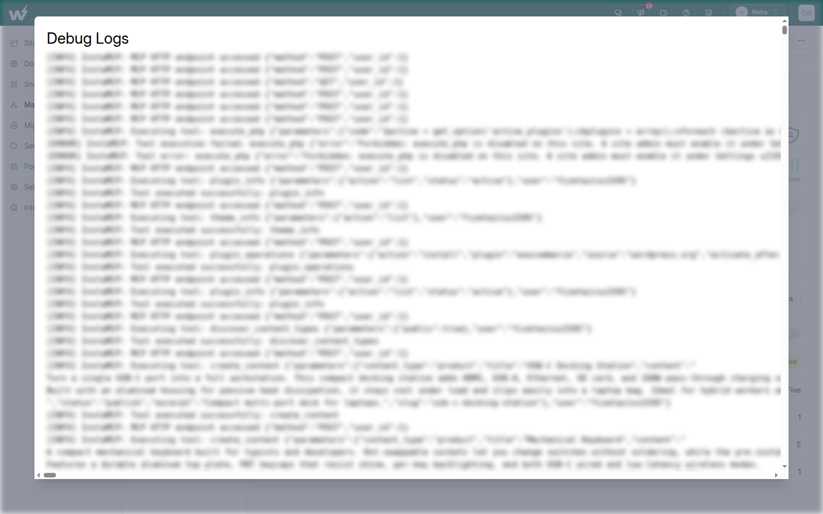 View Logs showing WordPress debug output for a connected site