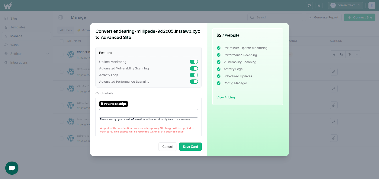Toggle triggers Advanced Connect for site management features