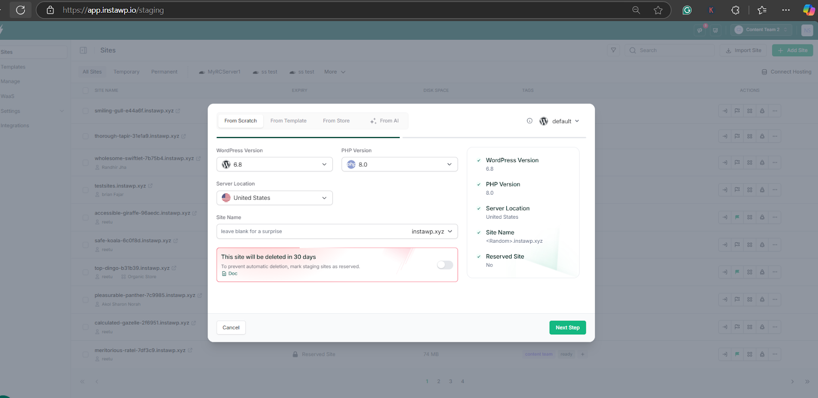Choose “WordPress Latest Version + Blank Starter Template”