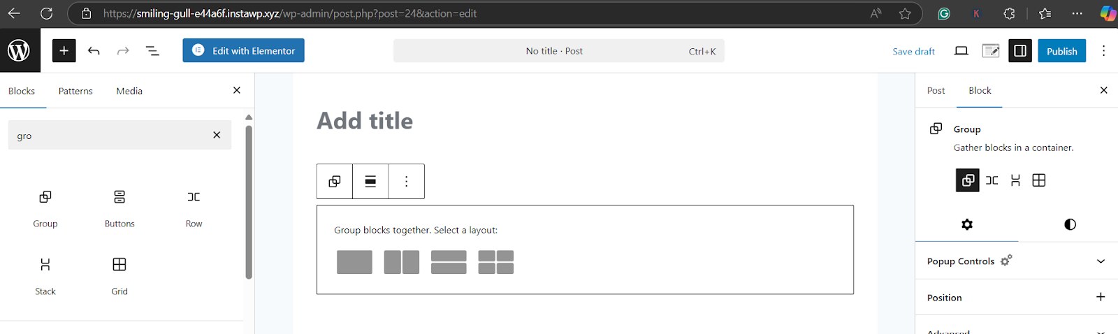 Select Group Block after clicking on the ‘+’ sign. 