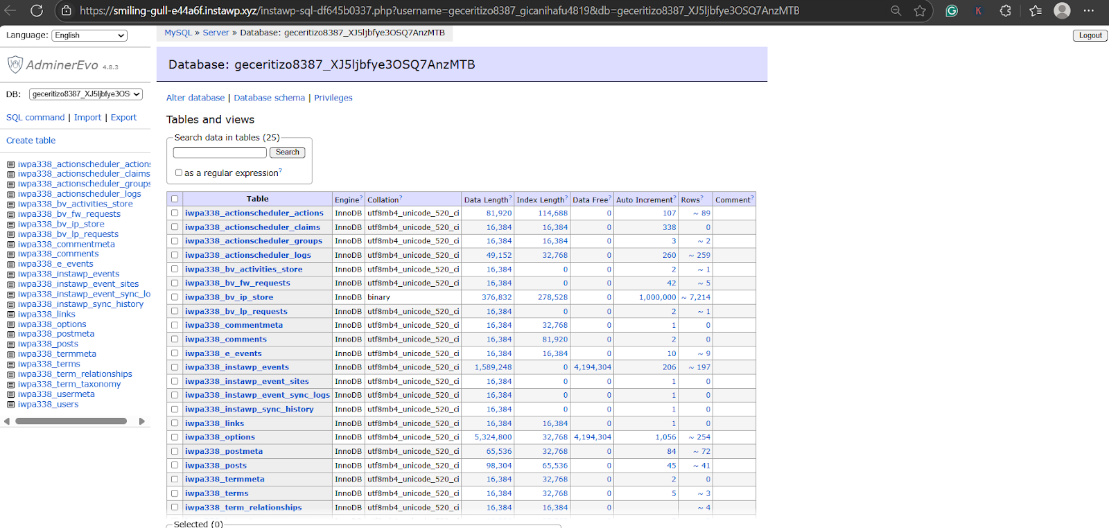 Exmaple of WordPress database Exmaple of WordPress database