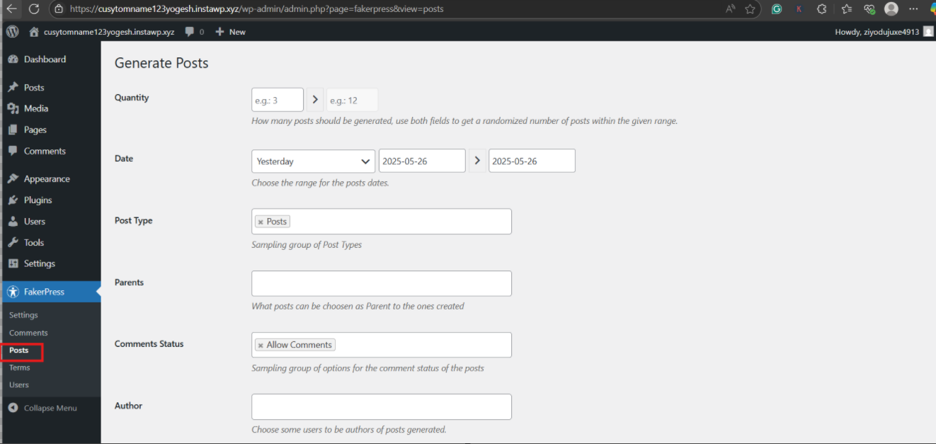 Navigate to FakerPress > Posts to add dummy content in WordPress Navigate to FakerPress > Posts to add dummy content in WordPress