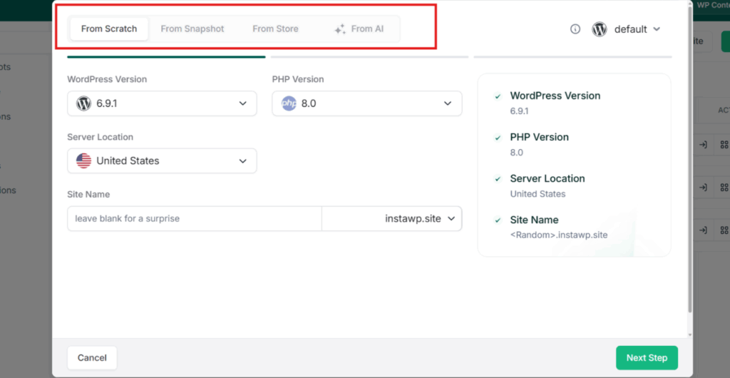 Create Site on InstaWP to Block Countries in WordPress