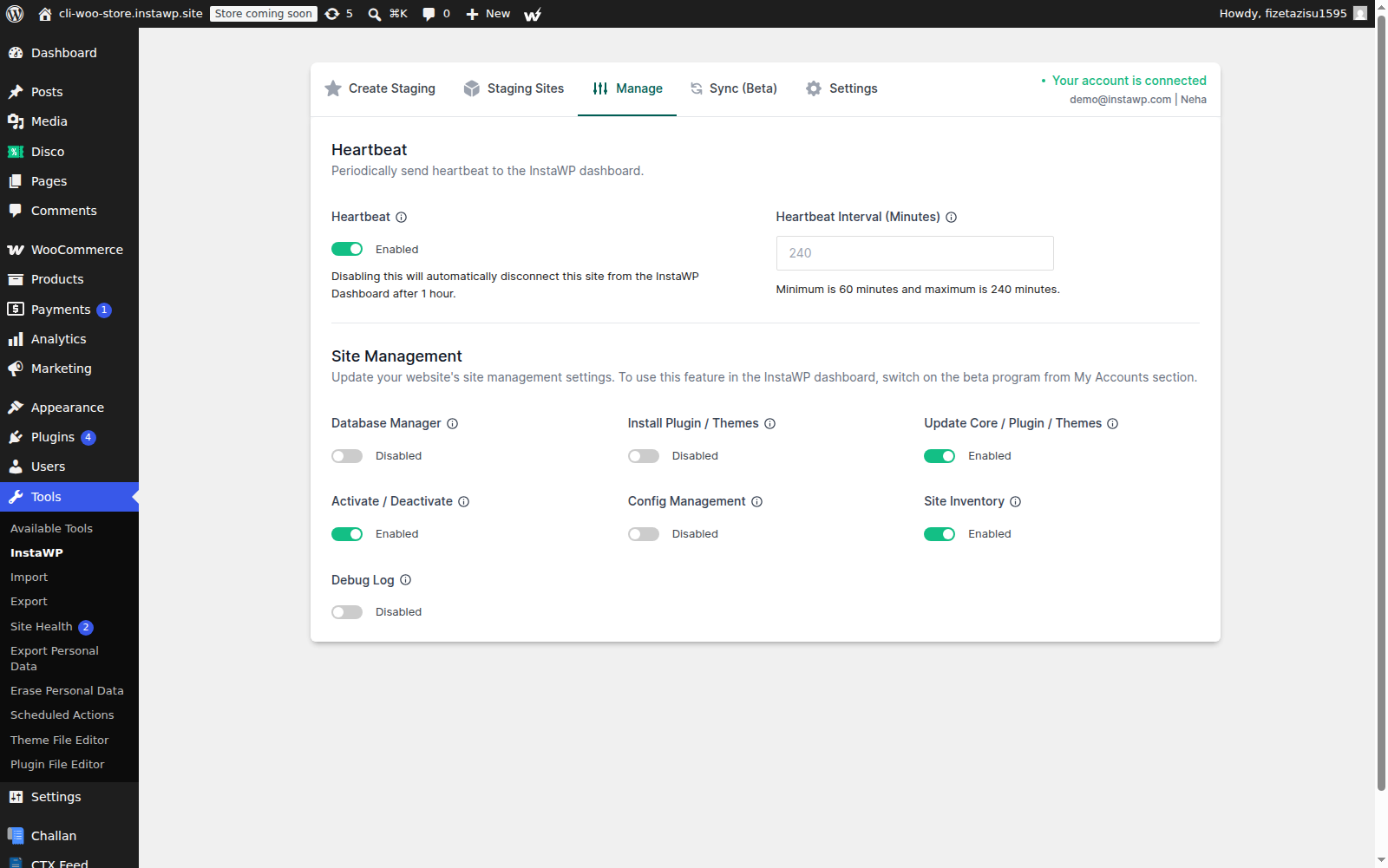 The Manage tab of the InstaWP Connect plugin, where site tools are enabled