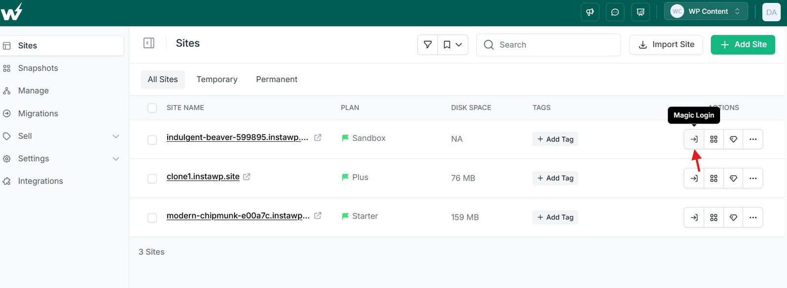 The Magic Login button that opens the WordPress admin without entering credentials