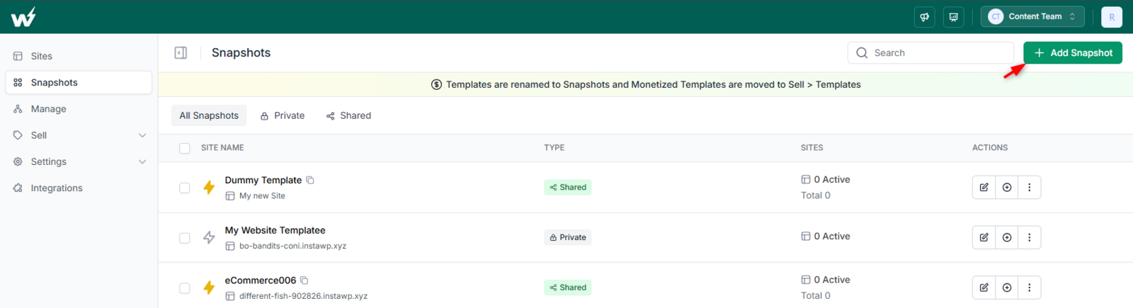 The Snapshots page with the Add Snapshot button for saving a reusable site template