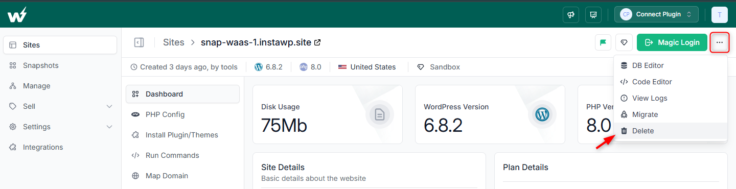 Site Delete Option on the Tools Section 