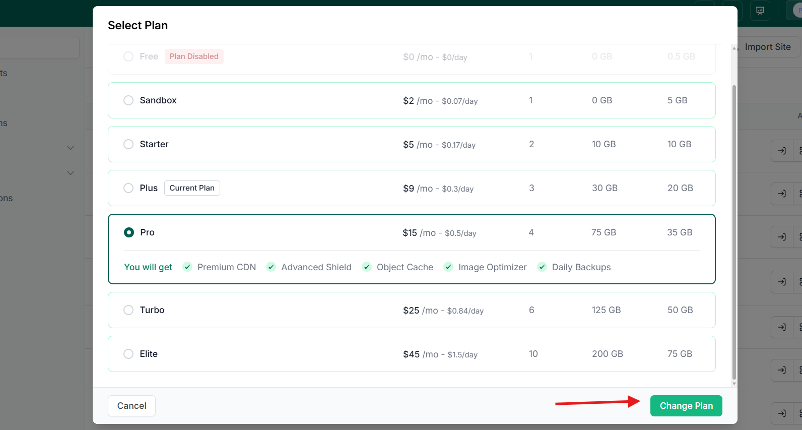InstaWP Select Plan dialog with the Change Plan button highlighted to confirm the upgrade