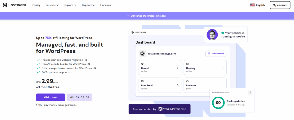 Hostinger blog hosting dashboard showcasing free blog hosting features and fast setup.