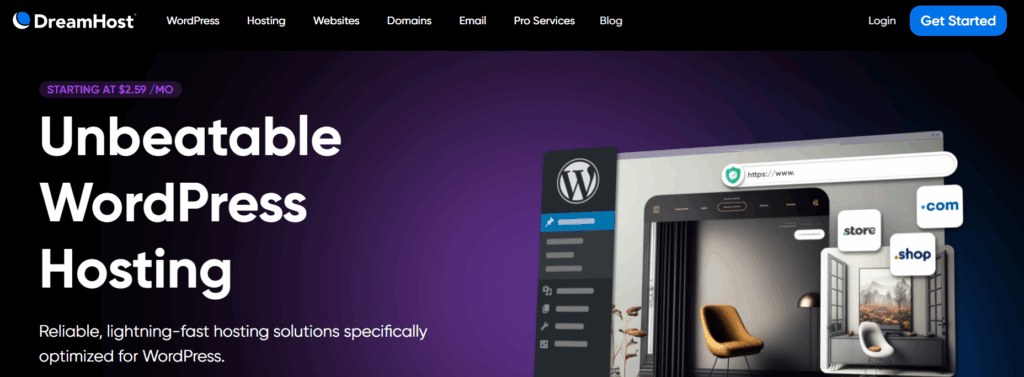 DreamHost dashboard featuring best web hosting for blog performance with unlimited bandwidth.
