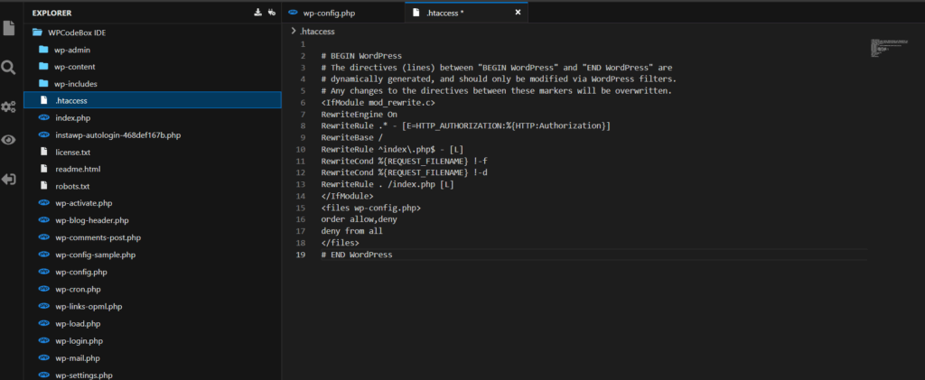 Code Editor of InstaWP to protect WordPress files
