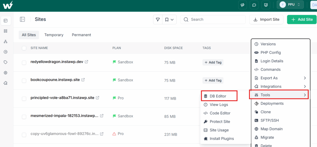 InstaWP Sites list with the three-dot menu open, showing Tools and DB Editor highlighted