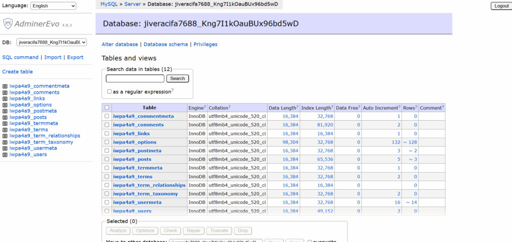 AdminerEvo database editor listing WordPress tables with their data length, index length and row counts