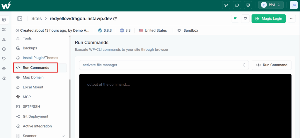 InstaWP Run Commands panel with a command selector and an empty output area, ready to run a WP-CLI command