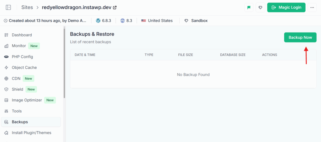 InstaWP Backups and Restore page with a red arrow pointing to the Backup Now button