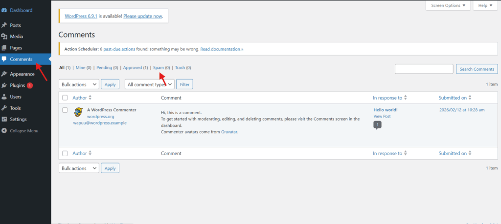WordPress Comments screen with red arrows pointing to the Comments menu item and the Spam tab
