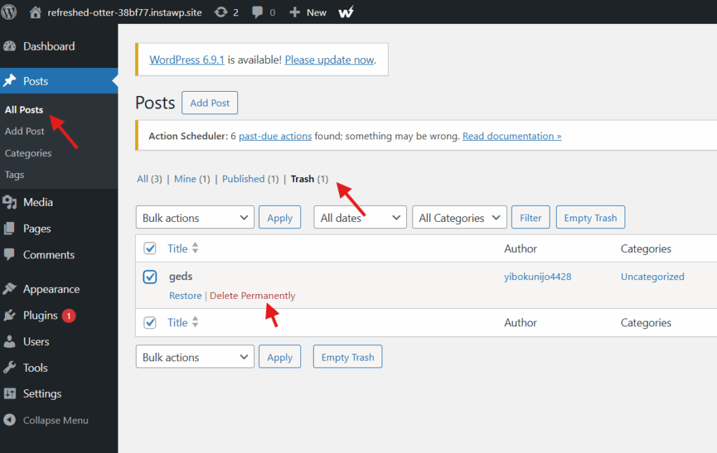 WordPress Posts screen on the Trash tab, with arrows pointing to Trash and the Delete Permanently link