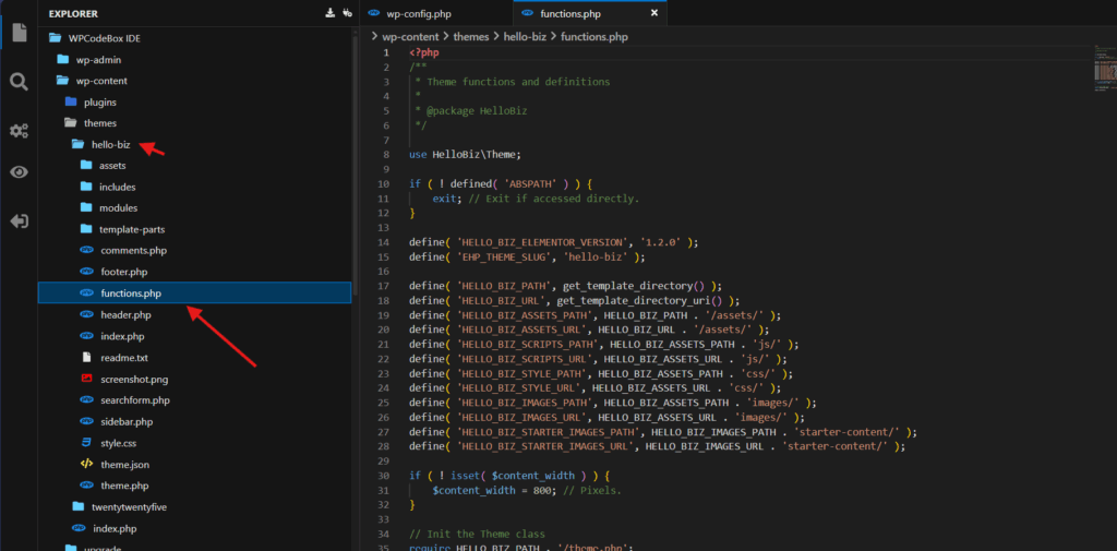 Browser-based code editor with the hello-biz theme's functions.php open and a wp-config.php tab alongside