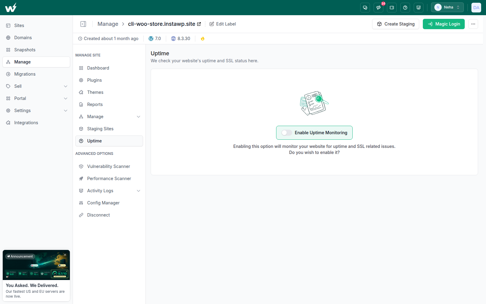 Uptime monitoring tracking whether a site is reachable, with SSL status