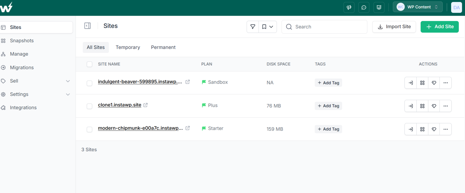 InstaWP Sites list showing each site with its plan, disk usage and action buttons