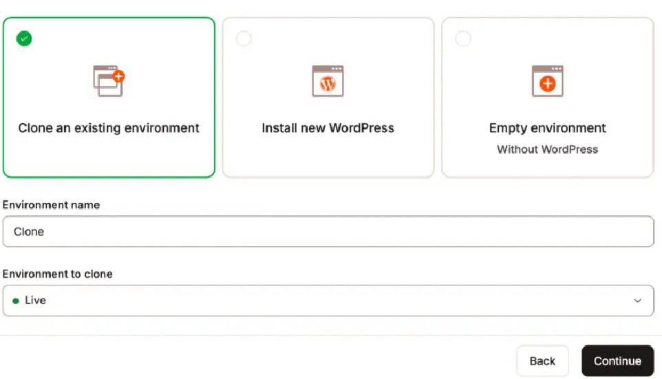 How to Create a Staging Site for WordPress Using Kinsta Hosting Choose 'Clong an existing enviorment' option to create a Kinsta Staging site