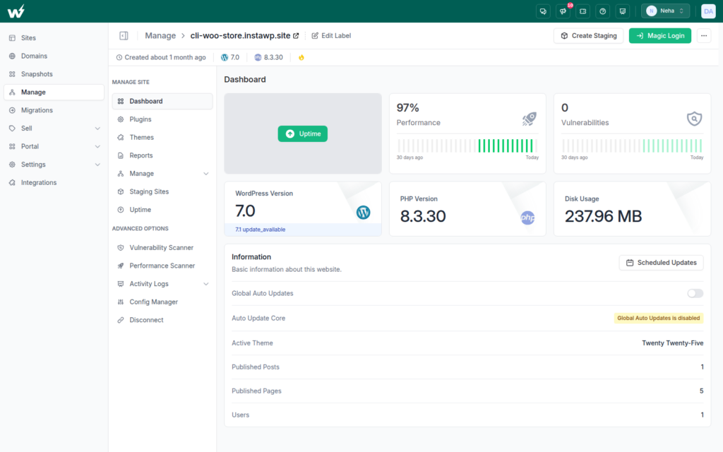 InstaWP Manage dashboard for a connected site showing performance, vulnerabilities, WordPress and PHP versions