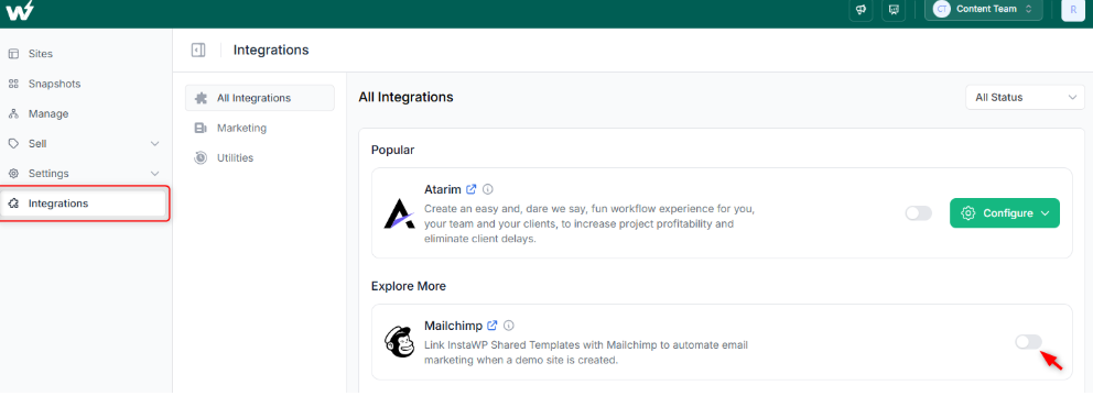 Enable Mailchimp inside InstaWP