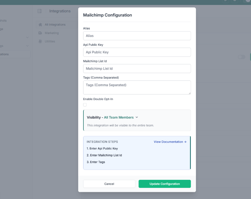 Add your Mailchimp API key, audience, and tags