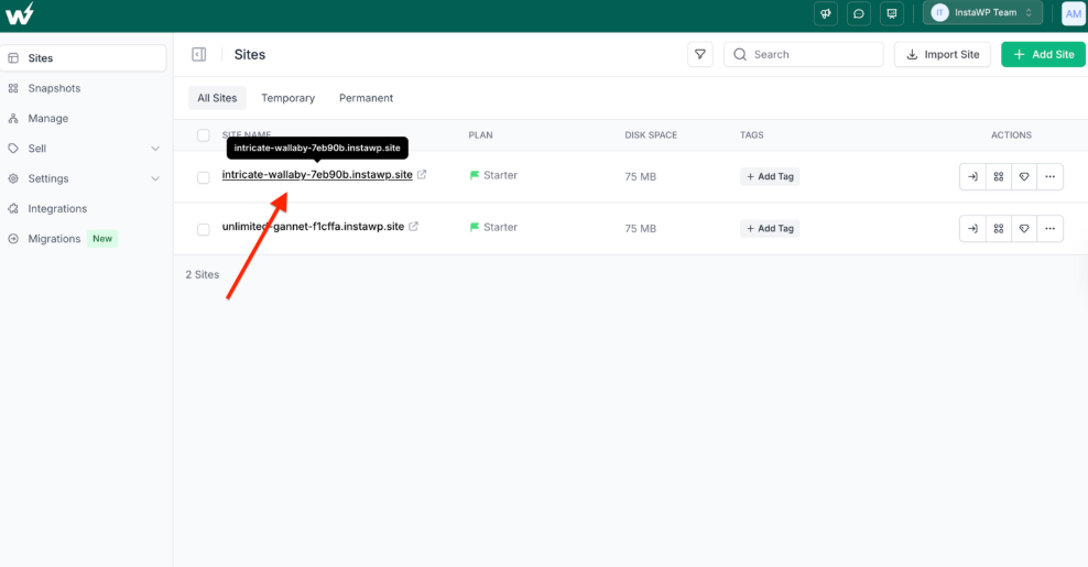WooCommerce caching setup on InstaWP showing the Sites dashboard with a WooCommerce store selected