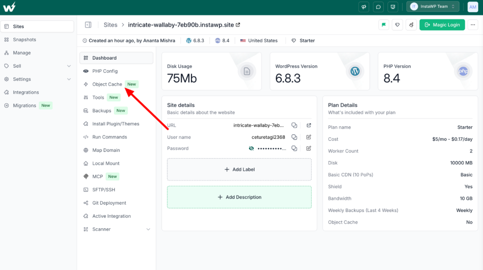 InstaWP site panel highlighting the Object Cache option for the WooCommerce store