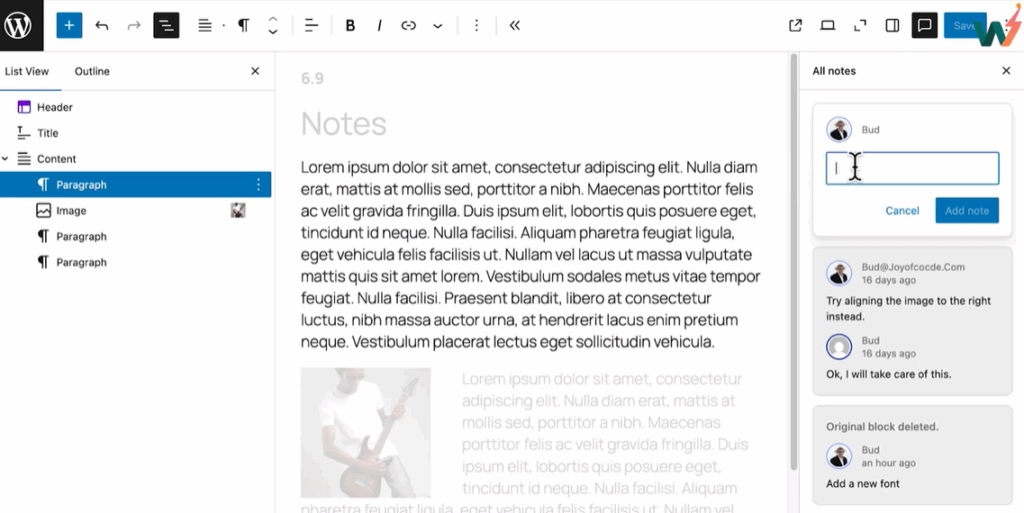Notes Feature in WordPress 6.9