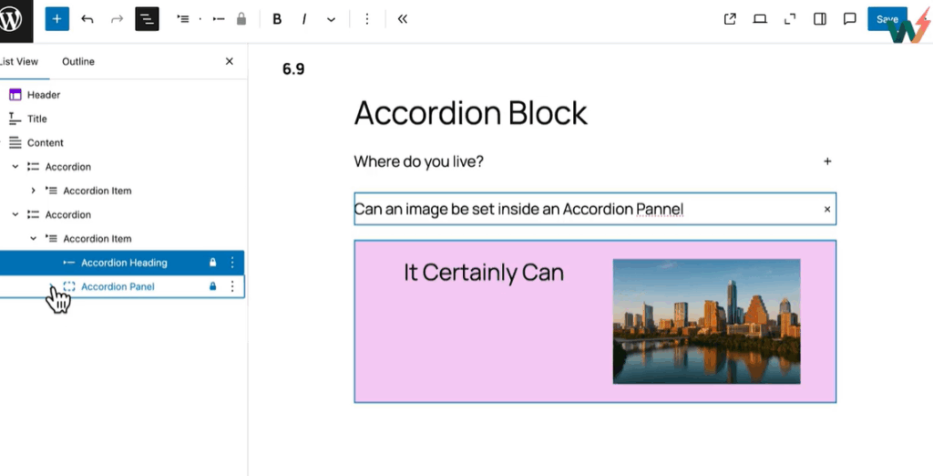 Accordion block feature in WordPress 6.9