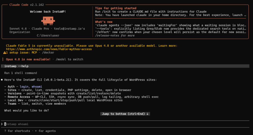 Terminal showing Claude Code running InstaWP CLI commands to manage a WordPress site