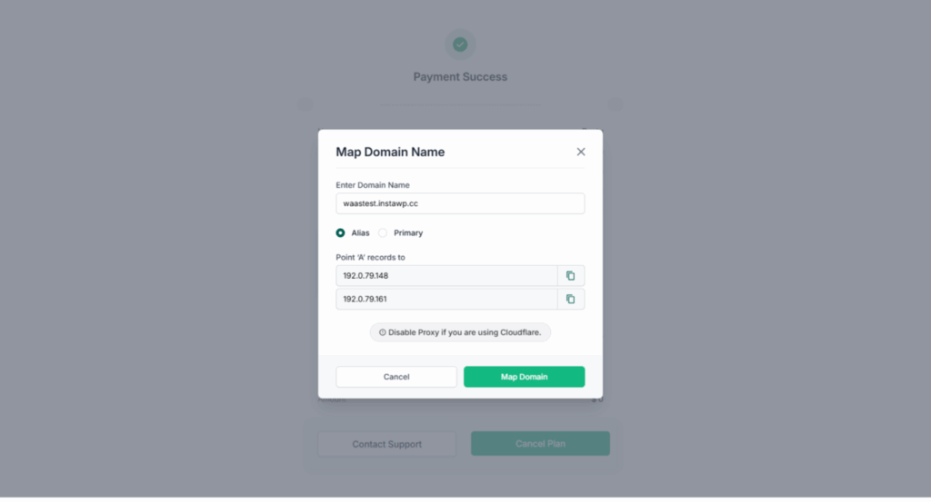 Enter details to map domain for WaaS sites