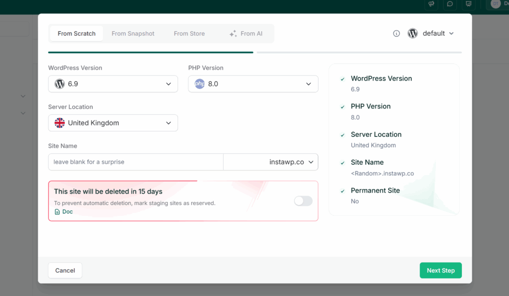 Create site on InstaWP to Migrate From Wix to WordPress