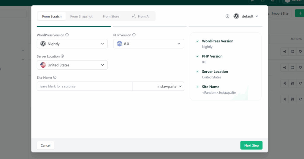 InstaWP Create Site screen with the Nightly WordPress version selected to test PHP-only blocks