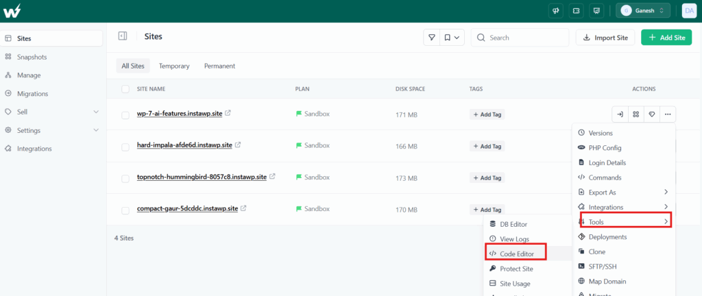 InstaWP site dashboard with the Code Editor option highlighted