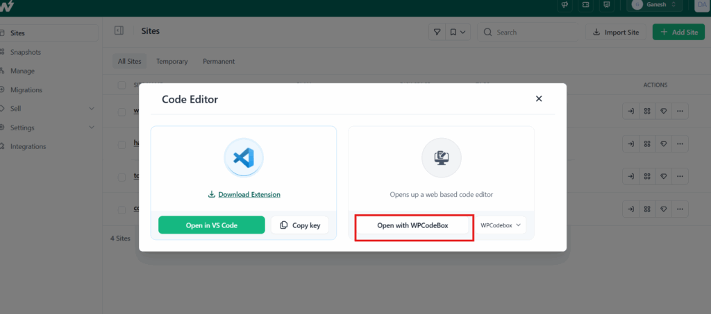 WPCodeBox browser IDE showing the WordPress plugins folder structure on InstaWP