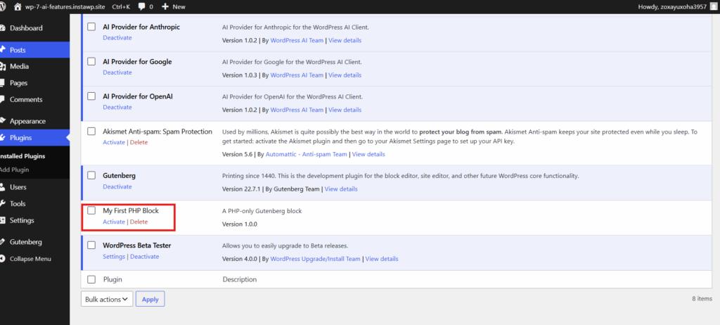 Activating the My First PHP Block plugin on the WordPress Plugins screen