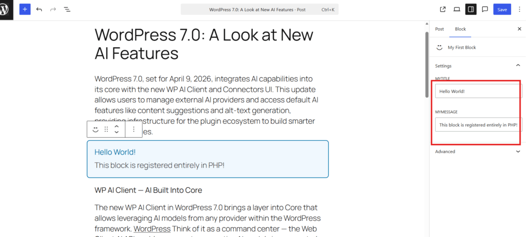 PHP-only block rendered live in the editor with sidebar attribute controls