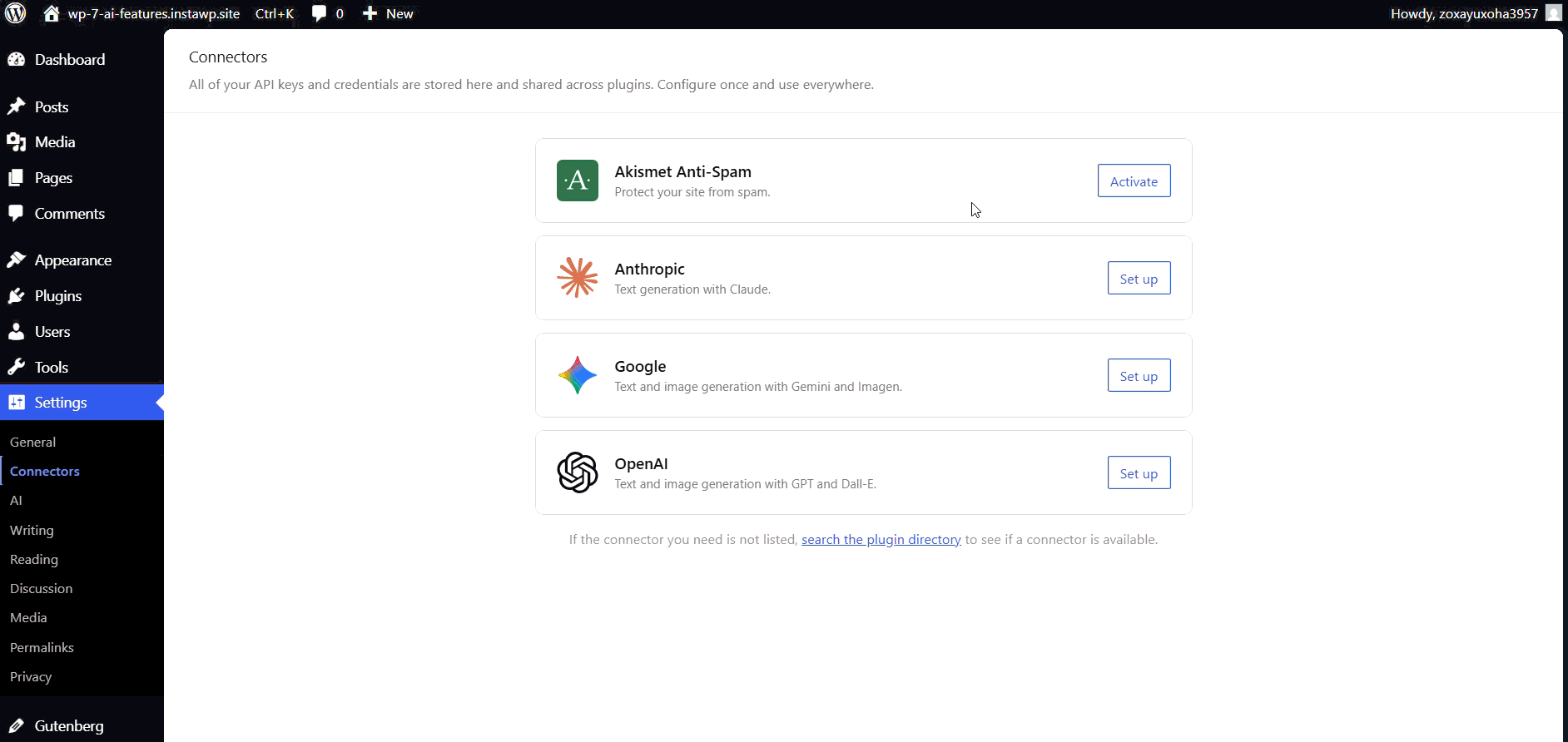 Entering an AI provider API key on the WordPress Connectors settings screen