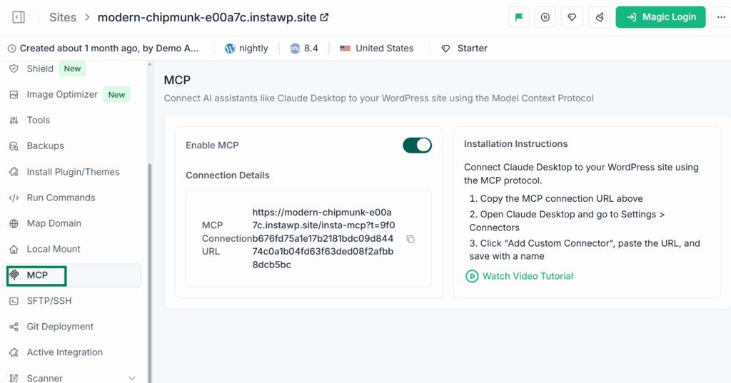MCP integration for WordPress on InstaWP.