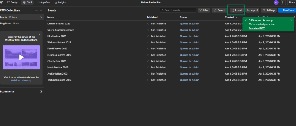 Select the content type to Migrate From Webflow to WordPress