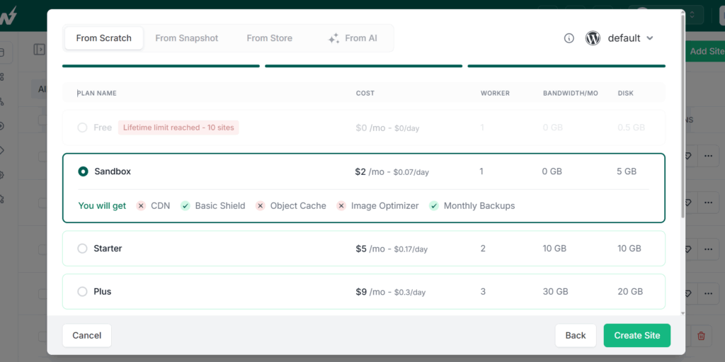 Choose site plan to Create a Booking System in WordPress