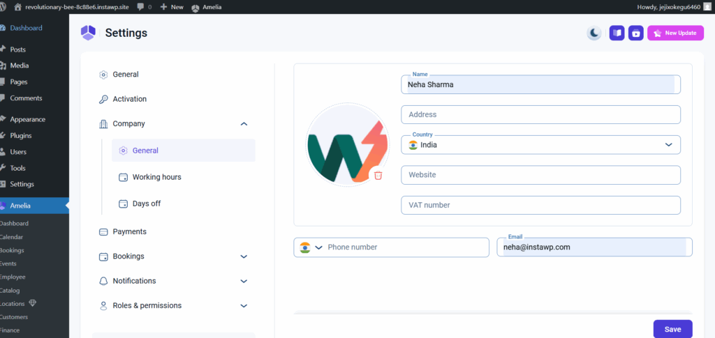 Enter Company Details in Amelia to Create a Booking System in WordPress