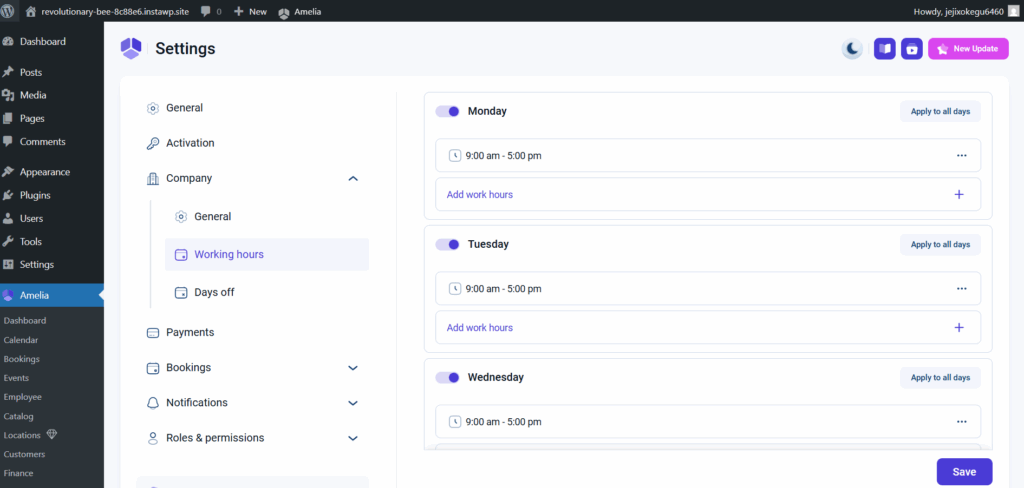 Set-up working hours on Amelia to Create a Booking System in WordPress