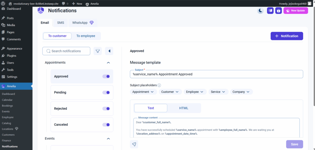 Custom notifications to Create a Booking System in WordPress