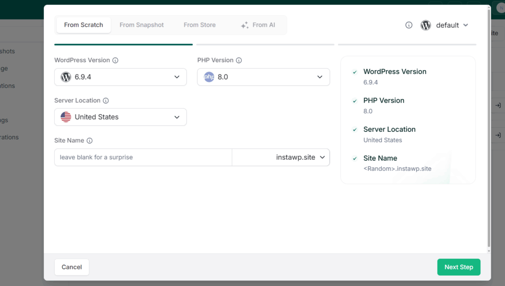 Create a site on InstaWP to Migrate From Webflow to WordPress