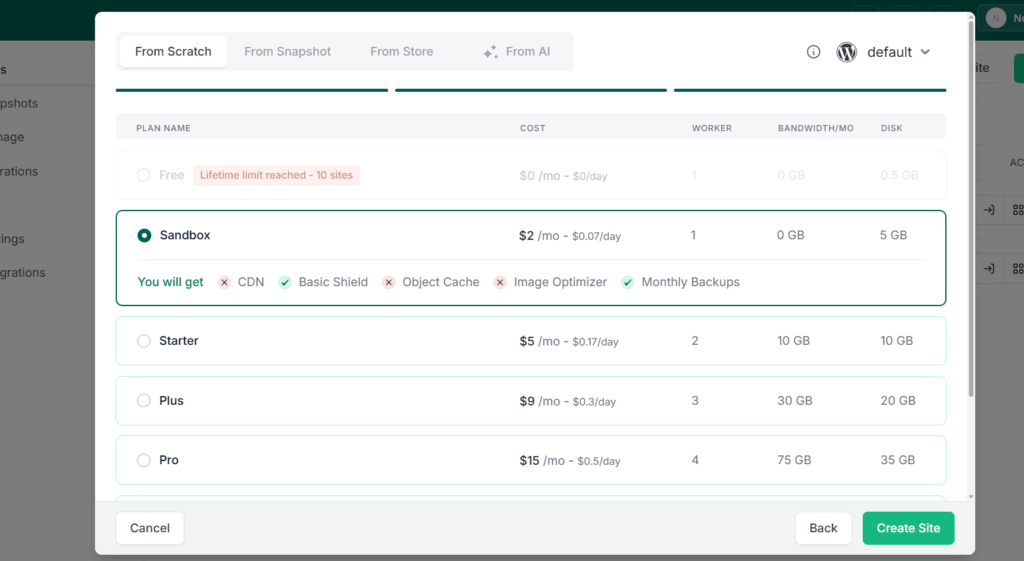 Select plan on InstaWP to Migrate From Webflow to WordPress