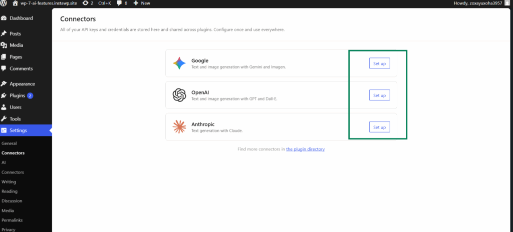 WordPress Settings Connectors screen with API key fields for OpenAI, Anthropic and Google